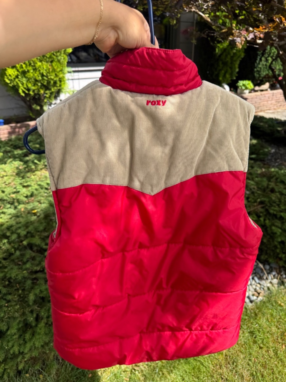ROXY Vintage 90s Y2K Corduroy Red & Tan Reversible Bomber Puffer Vest Women’s M. - Picture 2 of 10